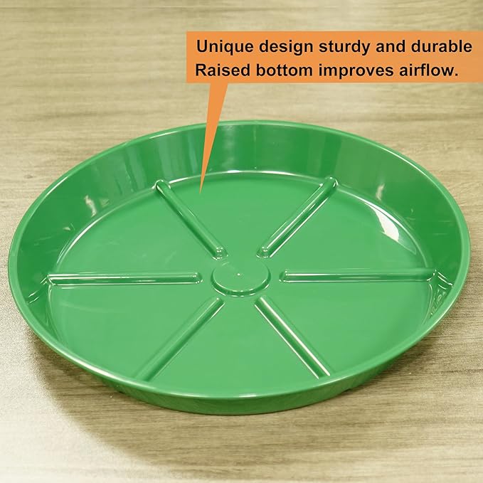 Plant Saucer Pot Tray 14 inch, 2 Packs Flower Planter Saucers and Drip Trays, Heavy Duty Round Plastic Flower Plant Dish Pant Plate to Catch Water for Indoor & Outdoor, Green