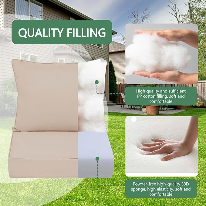 Outdoor Chair Cushions 3 Set,24 x 24 x 5IN, Patio Deep Seat Cushion for Patio Furniture, Waterproof & Fade Resistant Thick Deep Seating Pads for Outside Wicker Ratten Chair Sofa Couch,Khaki