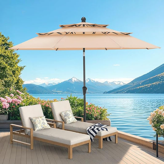 10 FT Patio Umbrella, 3 Tier Outdoor Table Umbrella with 8 Sturdy Glass Fiber Ribs and Push Button Tilt, Outdoor Patio Umbrellas for Market Pool Garden Backyard, 1.5" Pole, Champagne (No Base)