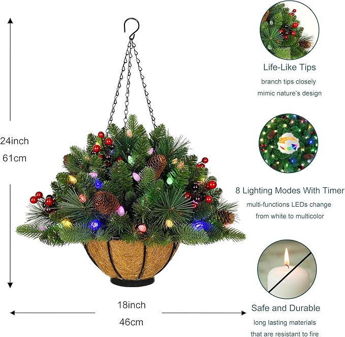18 Inches Pre-lit Artificial Christmas Hanging Basket with Red Berries, Pine Cones,40 C3 Dual-Color Multi-Functional Battery Operated LED Lights with Timer