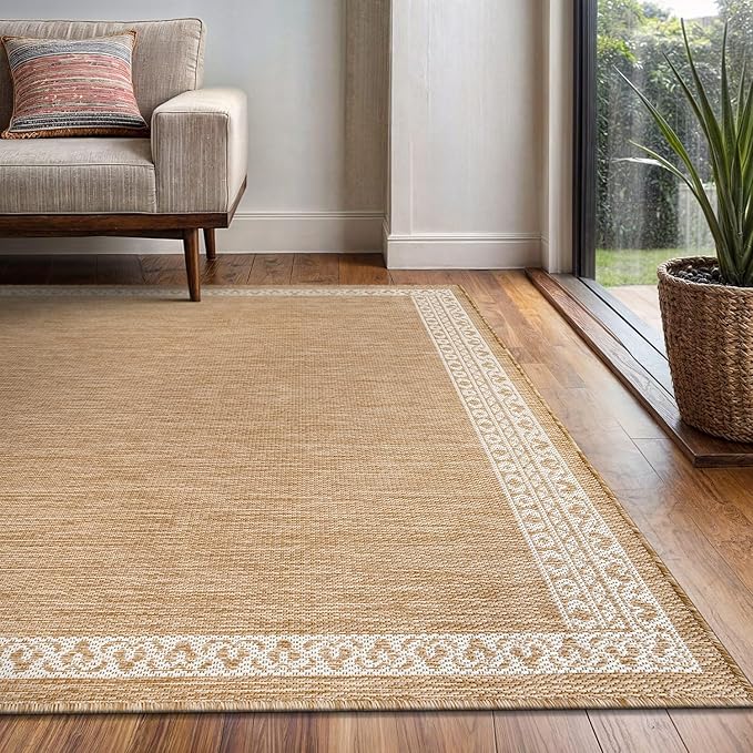 Washable Outdoor Rug 10x14 Modern Area Rugs Outdoor Carpets Bordered Pattern Non Shedding Waterproof Easy Clean Patio Deck Porch Living Room Bedroom Garden RV (10 X 14 Natural)