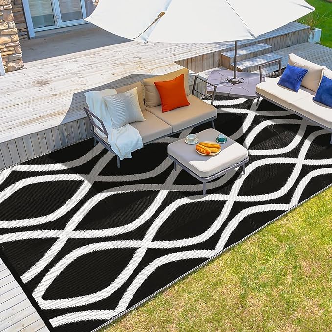 wikiwiki Outdoor Rug, 9x12ft Waterproof Reversible Mat Indoor Outdoor Rugs Carpet, Small Area Rug Plastic Straw Rug for Patio Deck Balcony Pool RV Camping Beach Picnic, Black & White, Rugscape Series