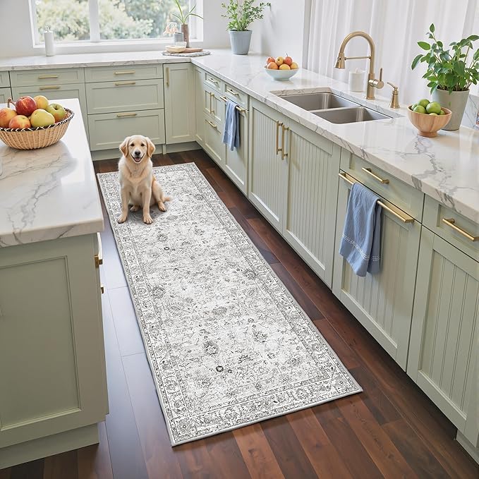 Grey Rug for Hallways Kitchen Rug 2x6, Non Slip Washable Rugs with Rubber Backing Soft Floral Carpet Runner for Hallways, Kitchen, Laundry, Bedroom, Bathroom (Grey, 2 x 6)
