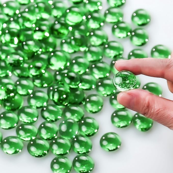 CYS EXCEL Green Glass Gemstone Beads Vase Fillers (1 LB) Flat Marble Beads Multiple Color Choices Aquarium Decor Rocks Floral Stones Decorative Mosaic Glass Gem Pebbles (Approx. 85-100 PCS)