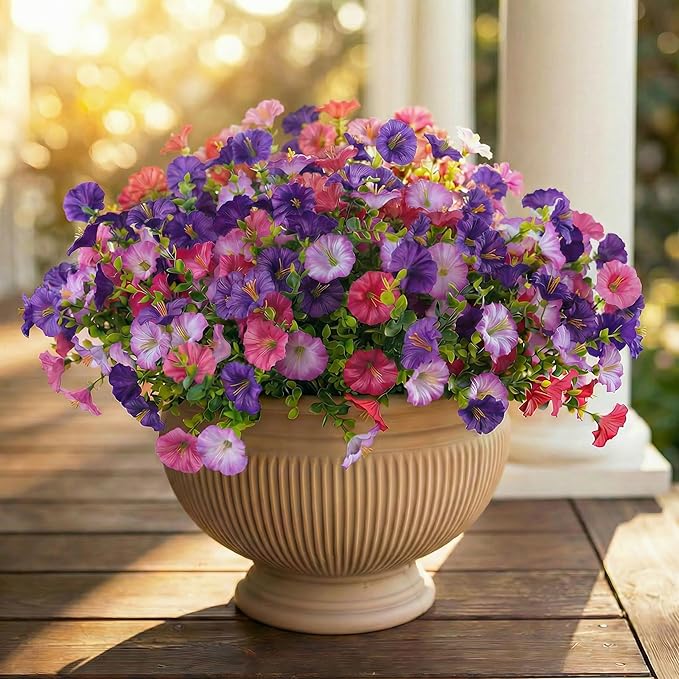 12Pcs Artificial Outdoor Flowers for Outdoors, Faux Silk Realistic Morning Glory Floral Arrangement Planter UV Resistant for Porch Patio Window Box Balcony Garden Decor (12pcs Mixed Purple)