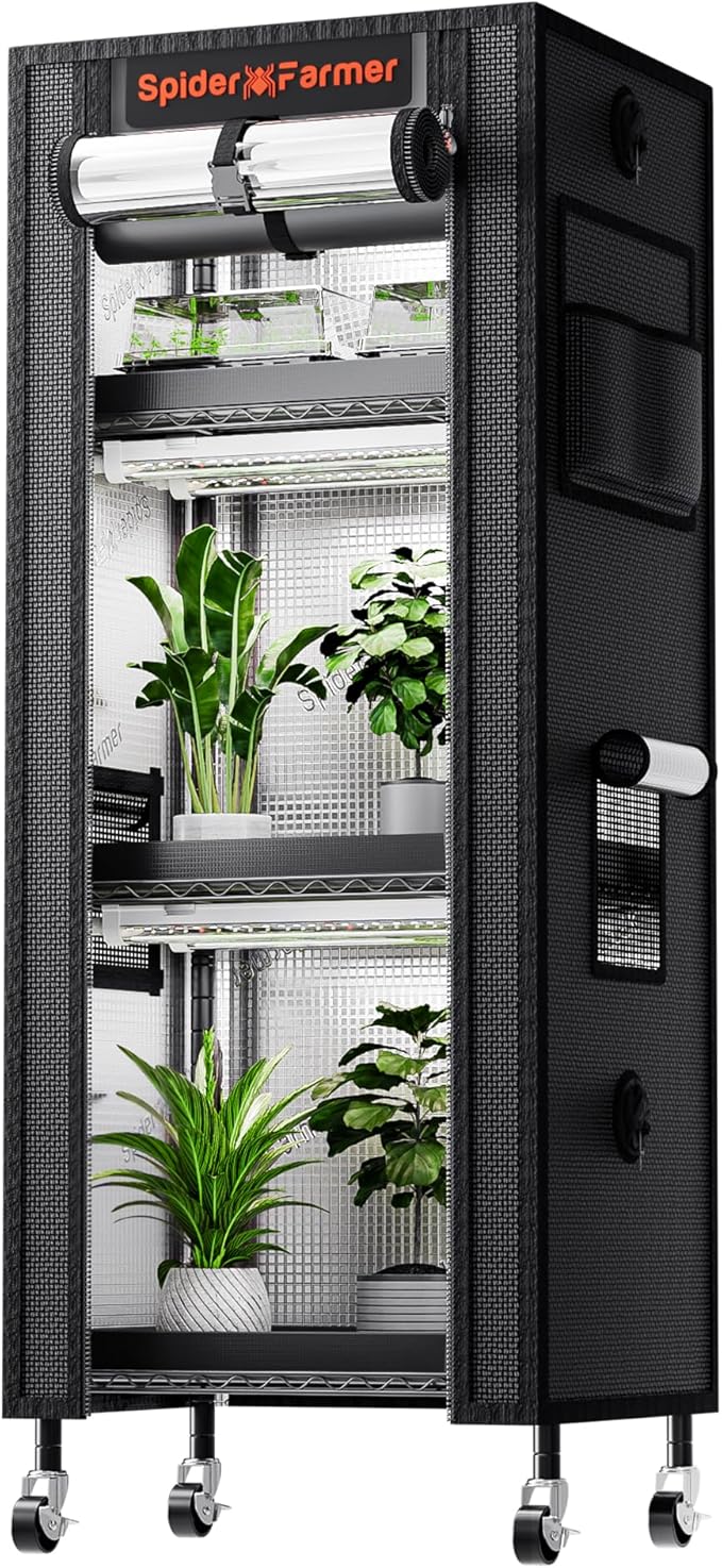 Spider Farmer 2025 Plant Stand with Grow Light, 4-Tier Rack 6Pcs 12" Full Spectrum 5000K LED Grow Lamps and Tent Cover Height Adjustable Small Greenhouse for Seedling Plant Indoor 16Lx12Dx47H (Update)