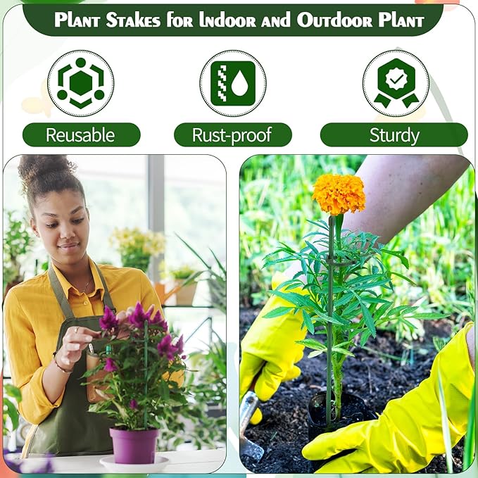 30 Pcs Adjustable Plant Sticks, 12 in Plant Support Sticks Plant Support Stakes with Orchid Clips Garden Ties Plant Support Cage for Potted Plants Indoor Orchid Flower Tomato, Green