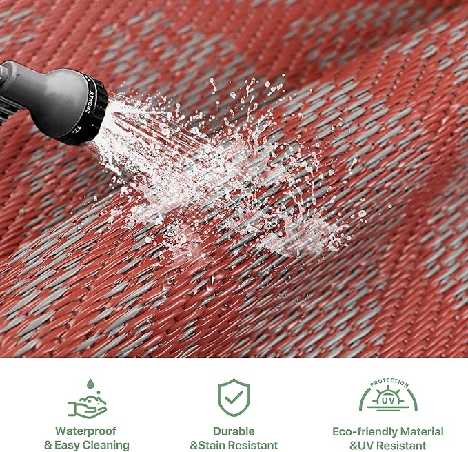 GENIMO Outdoor Rug Waterproof for Patio Decor, 9' x 12' Reversible Plastic Straw Floral Camping Carpet, Large Area Rugs Mats for RV, Camper, Deck, Balcony, Porch, Beach, Picnic, Red & Grey