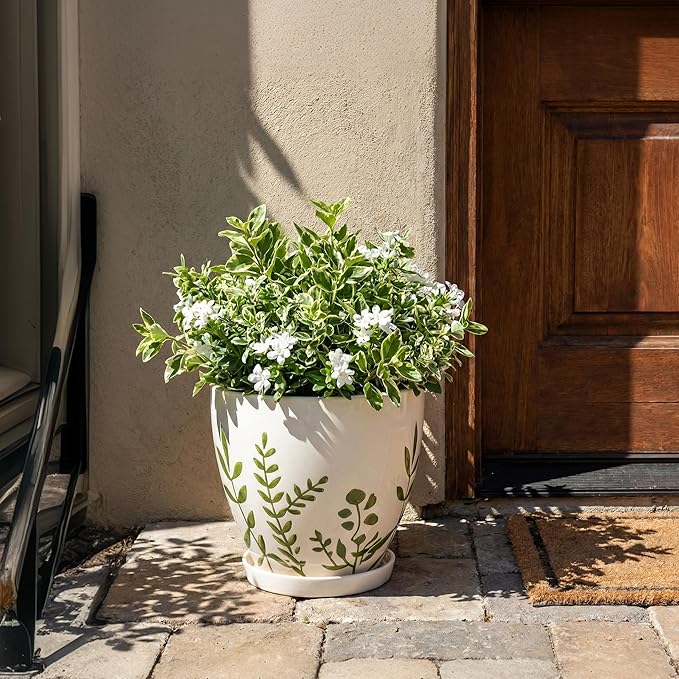 10 Inch Plant Pot - Ceramic Planter for Indoor Outdoor Flowers, Decorative Round Indoor Flower Pot with Drainage Hole and Saucer, Plant Lover Gifts, Garden Patio Home Office Decor, White