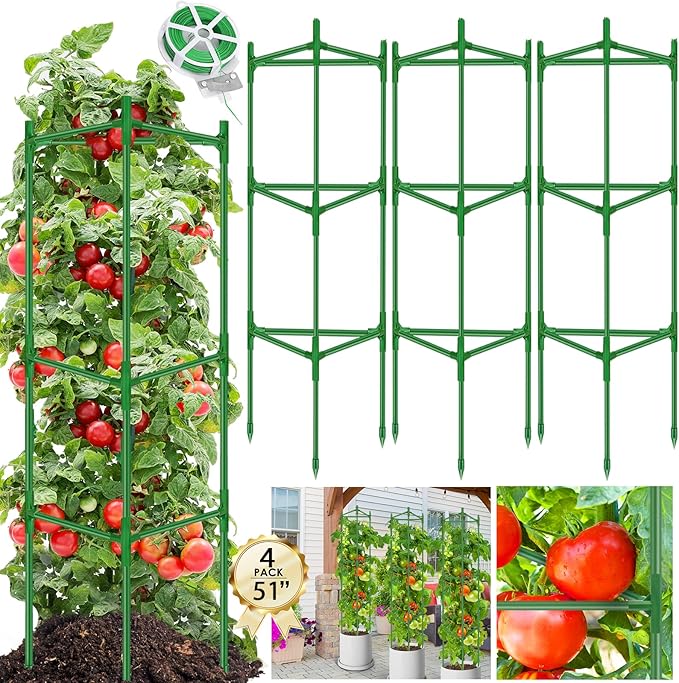 Tomato Cages for Garden 4 Packs - Heavy Duty Steel Tomatoes Cage Tall Up to 51in & 164Ft Twist Tie, Tomato Plant Stakes Support Cages Trellis for Pots Plants Garden