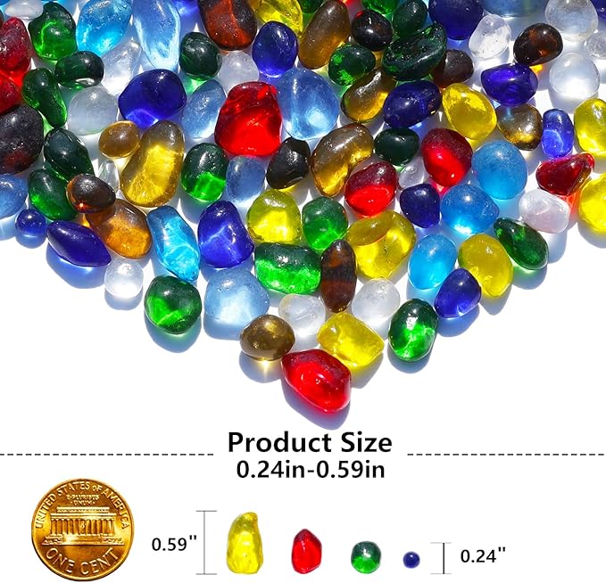 Sea Glass Stones - Colorful Clear Glass Pebbles Gemstones - Perfect for Aquarium Rocks, Fish Tank Gravel, Vase Fillers, DIY Crafts, and Home Decor (0.9LB/14oz)