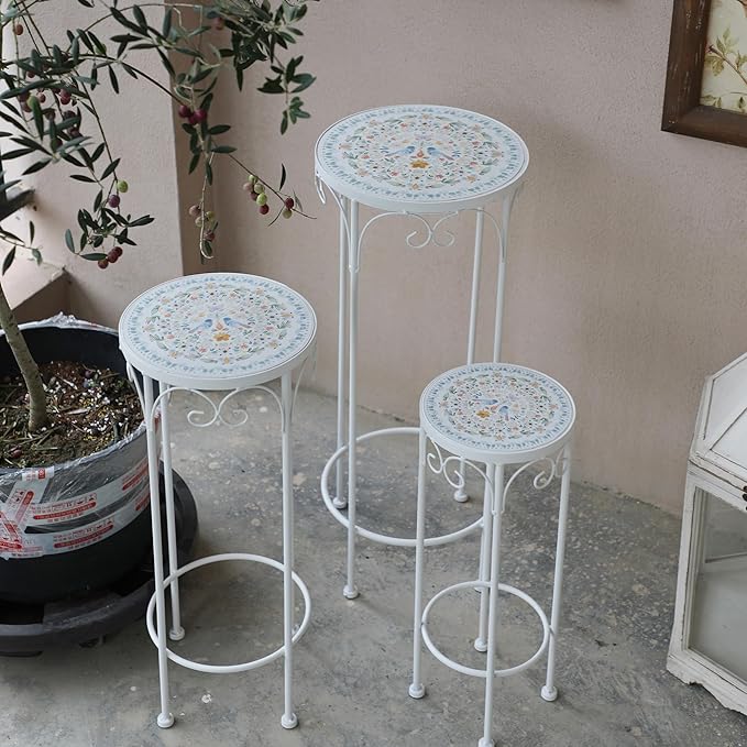 Rustic Metal Plant Stand Set of 3 Round Ceramic Top 28" Tall Mosaic Flower Stand Tile Nesting Display Side Table Indoor Outdoor Plant Rack Flower Holder for Wedding Party Patio Living Room Frame Stackable Garden Accessory Decorative White
