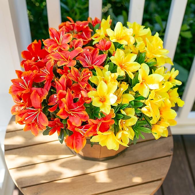 INSPRING Artificial Fake Flowers for Outdoors Spring Decoration, 3 Bundles Realistic Faux Azalea Plants Flower UV Resistant Silk Flowers for Outside Outdoor Planter Porch Patio Yard Garden Home, Mix