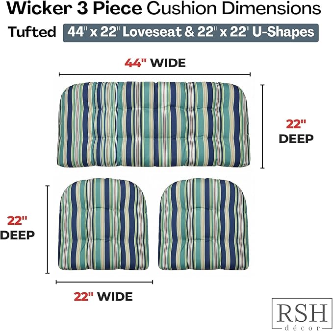 RSH DECOR: 3-Piece Wicker Tufted Cushion Set | 44" x 22" Loveseat & 22" x 22" U-Shapes | Outdoor Replacement Cushions | Water & Fade-Resistant Spun Fabric | Made in USA (Eastbay Seaspray)