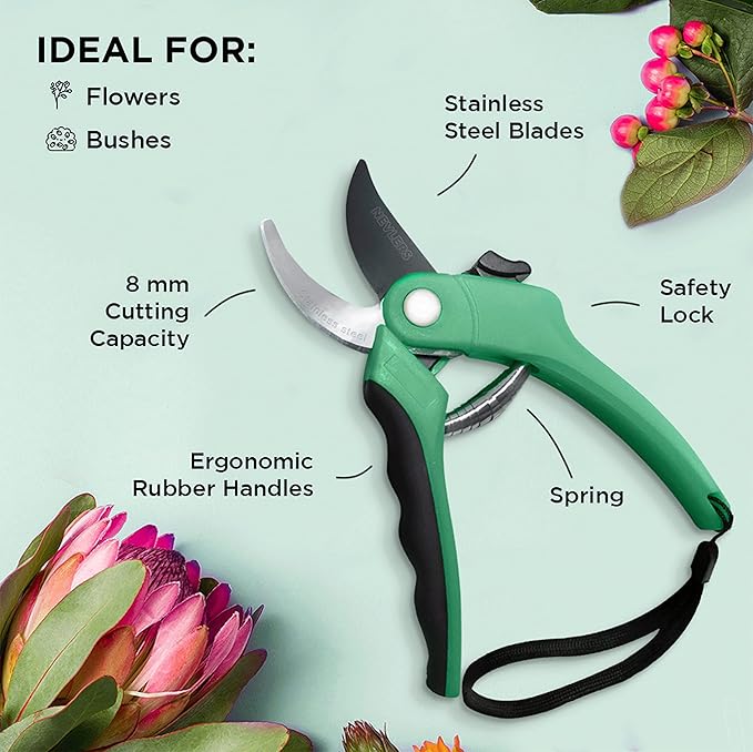 Nevlers 8" Green Bypass Pruning Shears Heavy Duty | Flower Shears & Pruning Scissors w/Steel Blades, Blade Lock & No-Slip Grip | 8mm Cut Capacity Garden Clippers Handheld for Flower Stems & Branches