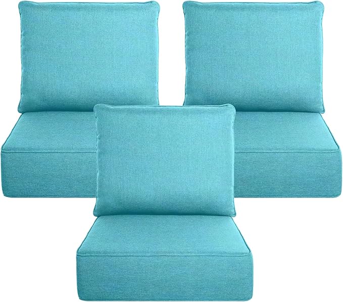 Belord Luxury 6" Thick Outdoor Cushion 3 Set - 24 x24 Inch 28D Sponge Filling Fade-Resistant Chair Cushion, Spill Proof Removable Patio Furniture Replacement Cushion for Sofa Bench Swing - Turquoise