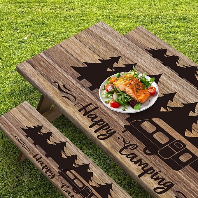 Picnic Table Cover with Bench Covers Elastic Edges, Wooden Camper Fitted Table Cover, Outdoor Patio Camping Essentials 72 Inch 3PCS, Waterproof Camping Fitted Tablecloth with Drawstring Bag