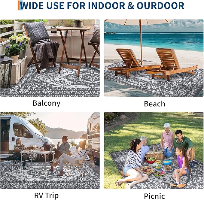 COZYLOOM 8x10 Outdoor Rug Waterproof Reversible Plastic Straw Mat, Large Vintage Medallion Patio Area Rug for Deck, Balcony, Pool, Camping, Beach, Picnic, Indoor/Outdoor Use