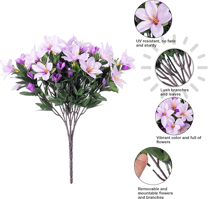 INSPRING Artificial Fake Flowers for Outdoors Spring Summer Decor, Faux Azalea Plants 3 Bundles Silk Flowers UV Resistant Realistic Outdoor Flower for Planters Porch Patio Garden Window Walkways Home