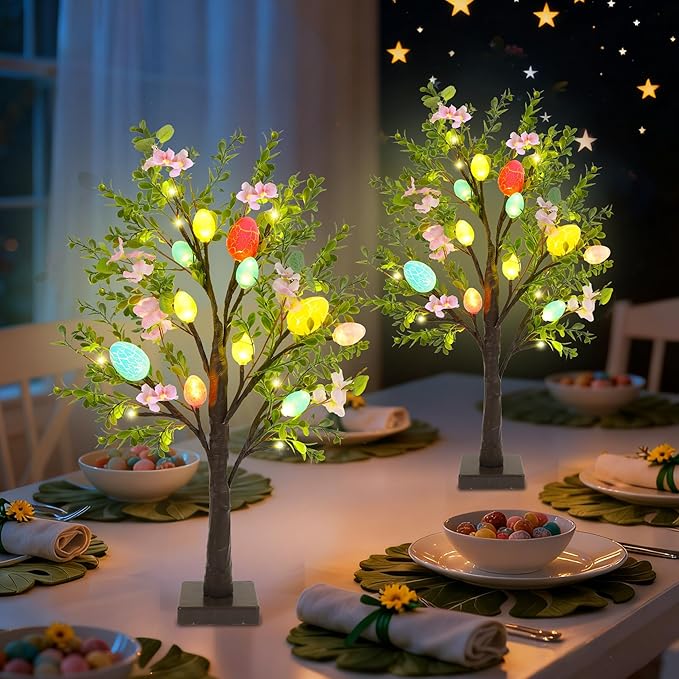 DR.DUDU Easter Decoration Set of 2 Lighted 24 Inch Artificial Tree with Easter Eggs & Colorful LED Lights, Light Up Tabletop Bonsai Tree for Table Home Holiday Spring Decor