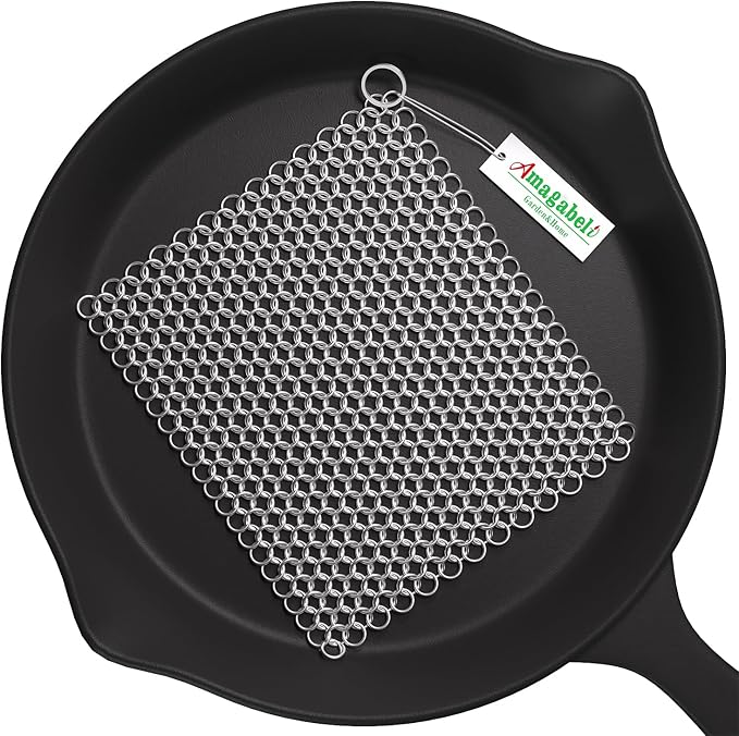 Amagabeli Cast Iron Cleaner 8"x6" 316L Stainless Steel Chainmail Scrubber Cast Iron Skillet Cleaner for Pan Pot Wok Griddles BBQ Grills Cast Iron Cleaning