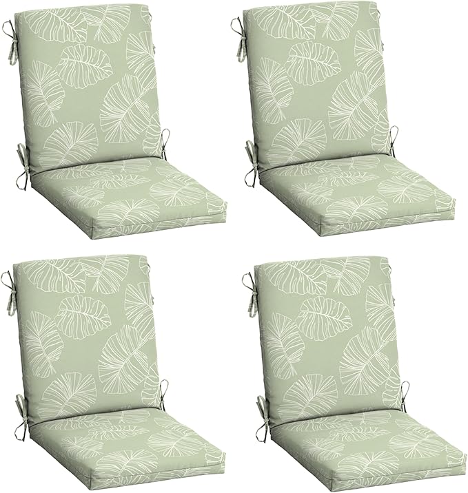 Arden 4-Pack Outdoor Patio Dining Chair Cushion, 20x44, Rain-Proof Seat Pad, Fade-Resistant Outdoor Cushion Coastal Green Leaf