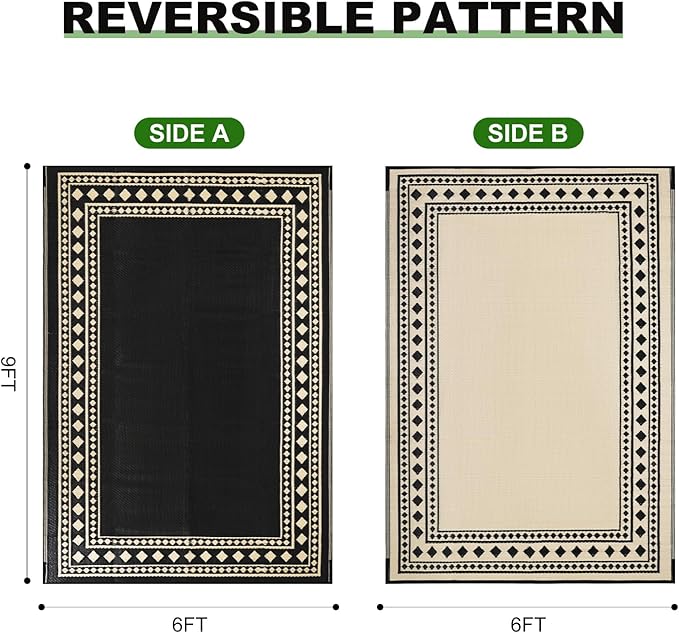RURALITY Outdoor Rugs 6x9 Waterproof for Patios Clearance,Plastic Straw Mats for Backyard,Porch,Deck,Balcony,Black and Beige