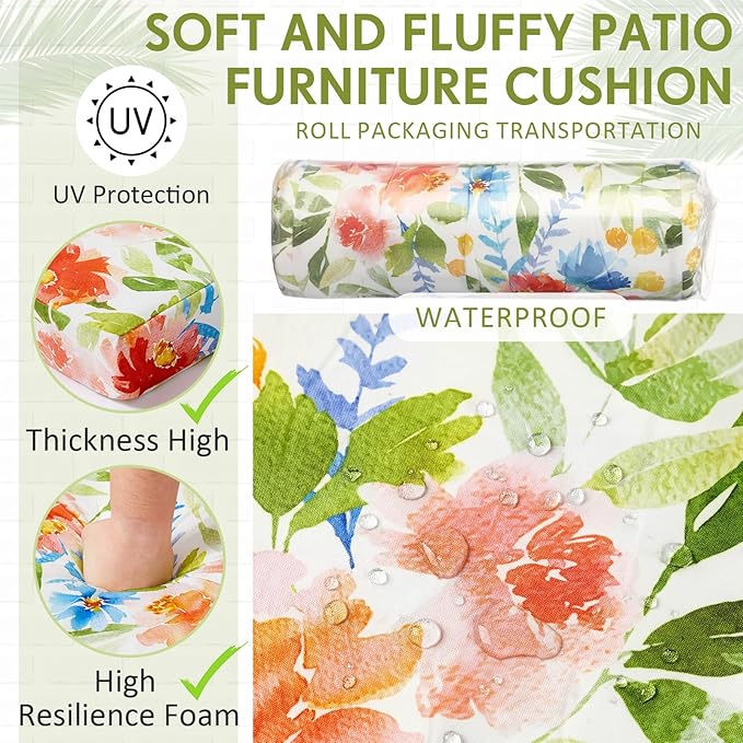 4 Pack Outdoor High Back Chair Cushion, 44 x 20 inches Patio Chair Cushions Waterproof Rocking Cushions Indoor Furniture Seat Pad, Weather Resistant (Floral,Pastel)