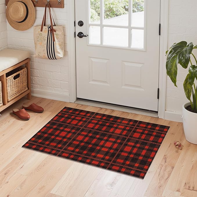 GENIMO Door Mat 18X30 Inch Buffalo Plaid Christmas Decor Rug Outdoor Geometric Checked Rugs, Washable Carpet for Front Porch, Kitchen, Farmhouse, Entryway Low Pile Doormat Black and Red