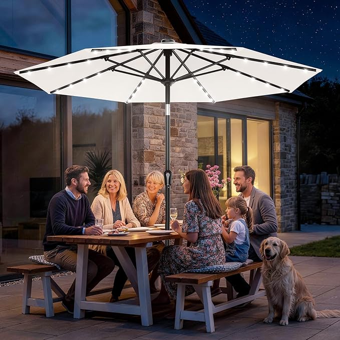 AreShark 9FT Patio Umbrella with Solar Lights, 32 LED Lighted Pool Umbrella w/Tilt and Crank, Outdoor Market Solar Umbrellas for Garden, Deck, Backyard, Pool and Beach, Cream-White