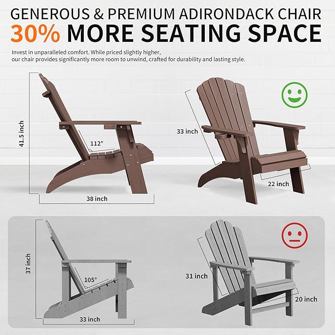 Psilvam Adirondack Chair, Oversized Poly Lumber Fire Pit Chair with Cup Holder, 350Lbs Support Patio Chairs for Garden, Weather Resistant Outdoors Seating, Relaxing Gift for Father & Mother (4, Brown)