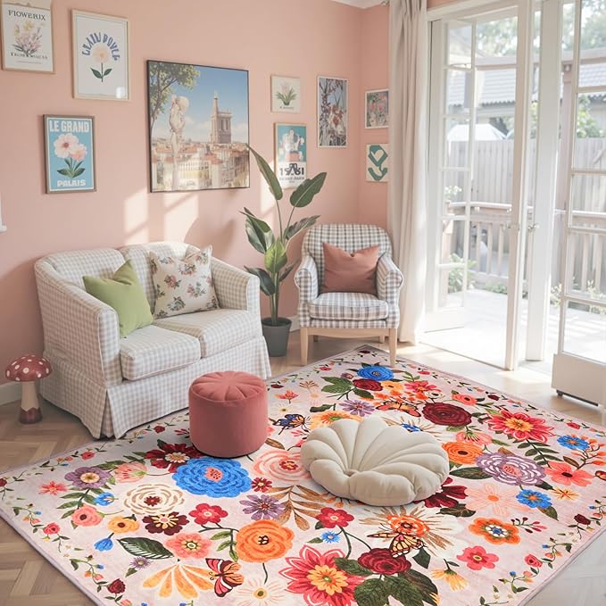 Pink/Beige Area Rug 4x6 Rug Washable Boho Rugs Non Slip Low Pile Floral Small Carpet for Bedroom, Bedside, Kids Room, Office, Dining Room(Beige/Pink Garden, 4 x 6)