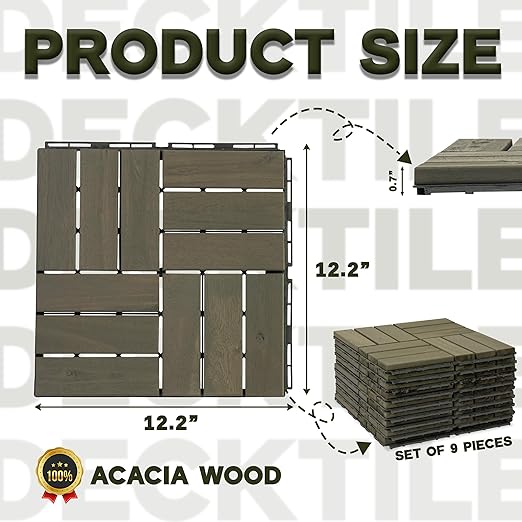 Acacia Wood Flooring Interlocking Deck Tiles for Patio Decor 9 Pcs 12 Slats VR Muted Green - Waterproof Indoor & Outdoor Decor - Balcony Garden Decking Tile (12.2 * 12.2 * 0.7 inches)