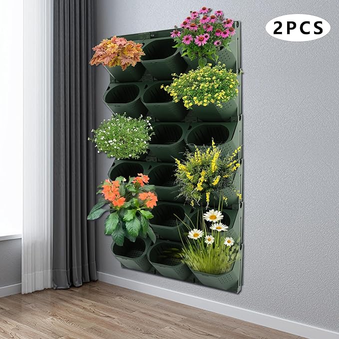 36 Pockets Vertical Wall Planter, Wall Mounted Flower Pot Holder with 180LB Capacity,10.56 oz Self Watering Pots & 36 Non-Woven Bags for Indoor Outdoor Herbs,Flowers,Strawberries (Army Green)