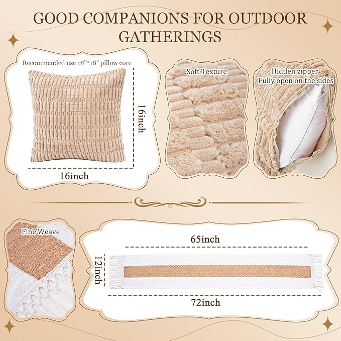 Extra Large Outdoor Boho Picnic Blanket with Table Runner and 6 Throw Pillows Covers for Outdoor Essentials Beach Accessories Garden Party Decoration Patio Park Lawn Grass Ground Festival Mat Beige XL