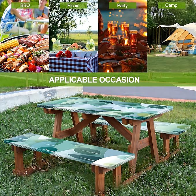 Picnic Table Cover with Bench Covers Set of 3 - Enchanted Woods Illustration, Elastic Fitted Tablecloth for 6 Ft Tables, Washable Polyester Cover for Garden, Indoor & Outdoor