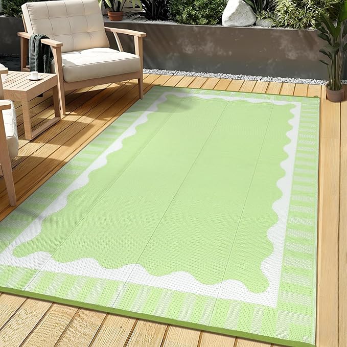 Outdoor Rug 8x10 Waterproof Patio Rugs Scalloped Border Reversible Mat for Front Door Rv Foldable Plastic Straw Carpet for Travel Trailers, Picnic, Porch, Camper, Balcony, Beach，Light Green