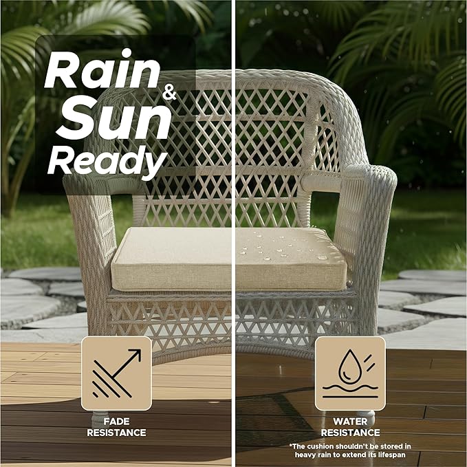 Outdoor Chair Cushions, Water-Resistant & Fade-Resistant, Patio Furniture Square Seat Replacement Chair Pads with Ties Zipper, Removable Cover, Non-Slip Bottom, Set of 2, 22 x 22 Inch, Beige