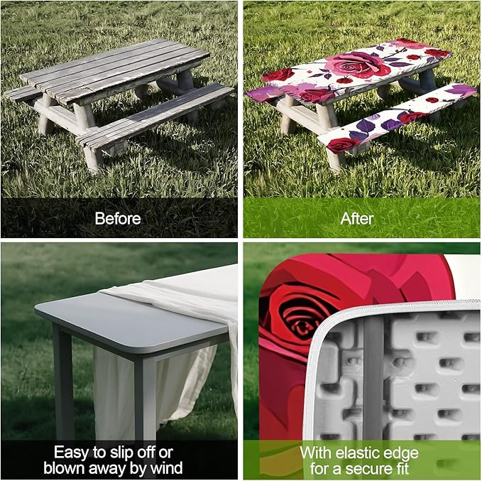 Romantic Roses Picnic Table Cover with Bench Covers Set of 3 - Red Roses and Floral Background, Elastic Fitted Tablecloth for 6 Ft Tables, Washable Polyester Cover for Patio, Indoor & Outdoor