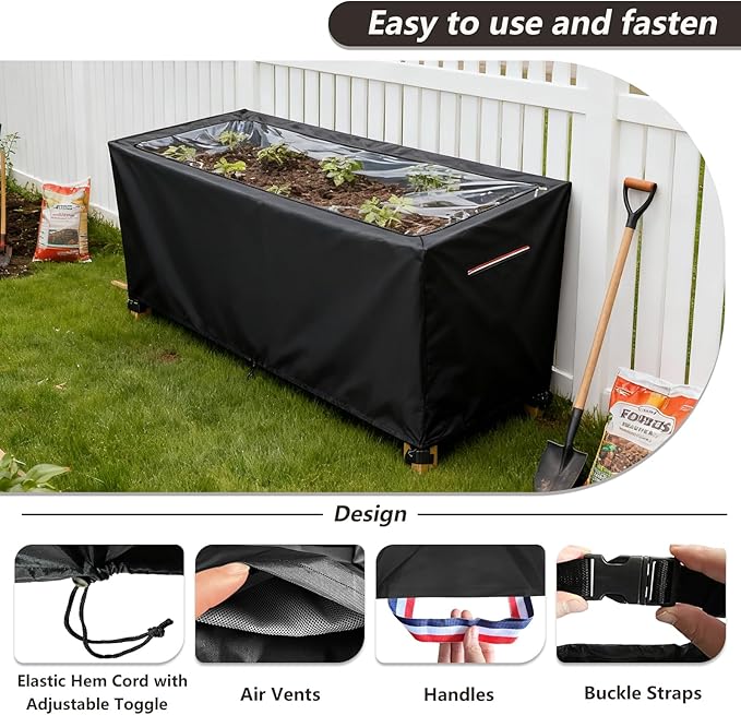 Spring Outdoor Raised garden bed cover With Transparent PVC Top Window,Waterproof Heavy Duty Covers with Split Zipper for 48 x 24 x 30 inch Elevated Wood Planter Box Stand(Black,Cover only) ﻿