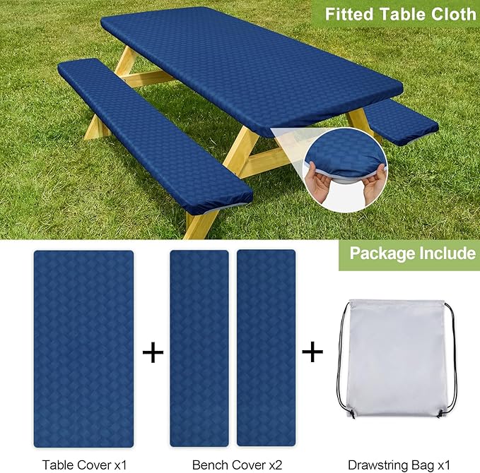 Picnic Table Cover with Bench Covers Camping Essentials Waterproof Windproof Camping Tablecloth with Drawstring Bag, Fitted Rectangle Tables and Seats, 60in, Deep Blue