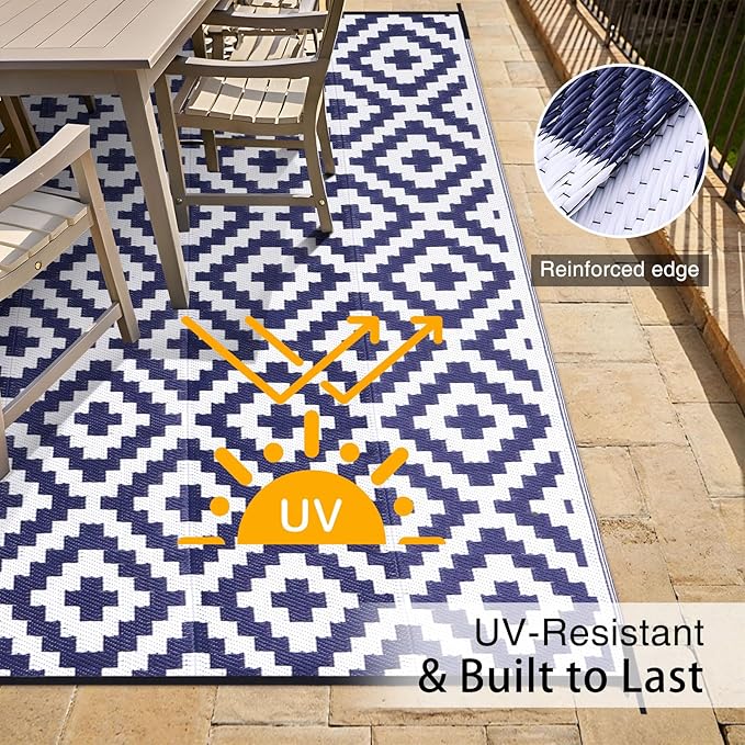 OLANLY Waterproof Outdoor Rug 9x12 ft, Outdoor Plastic Straw Rug for Camping, RV Mat Outside, Indoor Outdoor Carpet for Porch, Deck, Backyard, Balcony, Picnic, Navy & White