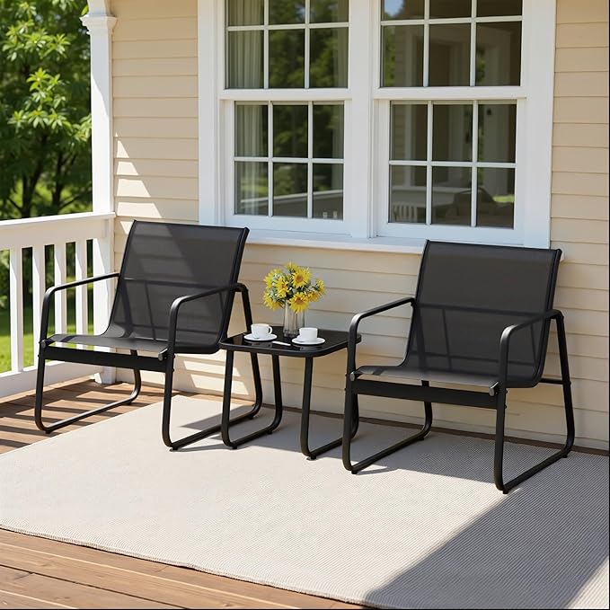 Gizoon Patio Chairs Set of 2, Patio Fumiture Set with Metal Fframe Glass Table, Outdoor Chairs Set of 2 for Balcony Bistro Table and Chair Set for Lawn, Black
