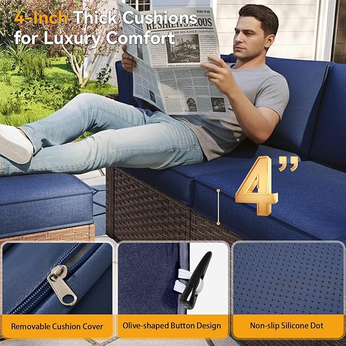 Aoxun Outdoor Replacement Cushions for Patio Furniture, 4'' Water-Repellent Sofa Cushion for 4-Seat Rattan Wicker Sectional, Deep Seats & Fade Resistant (9-Piece, Navy)