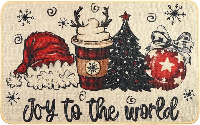 Christmas Welcome Doormat，Winter Outdoor Santa Hat Coffee Xmas Tree Rug Decor Floor Front Door Mat Non-Slip Entrance Mat for Home Kitchen Bathroom Decorations 17 X 29 Inch