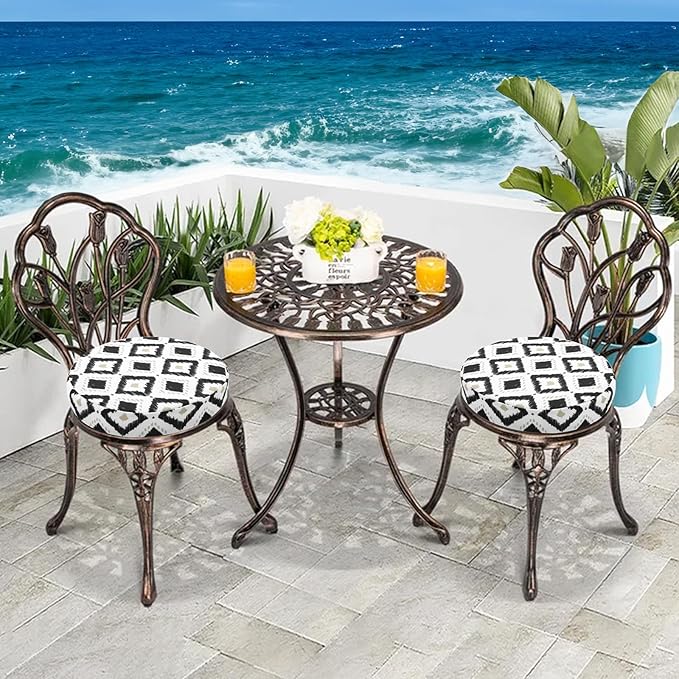 idee-home Outdoor Bistro Chair Cushions, 15”x15”x 3” Thick Outdoor Round Seat Cushions Set of 2 with Ties, Waterproof Round Patio Furniture for Garden