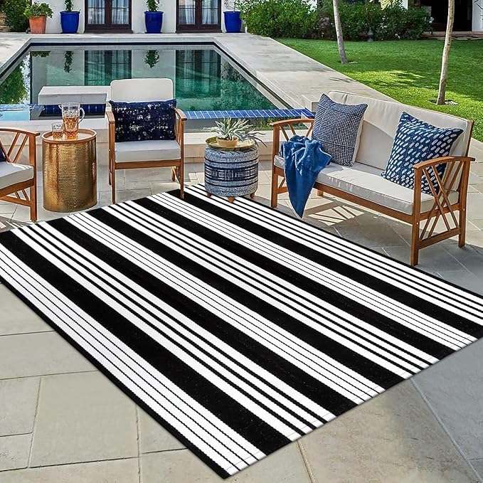 OJIA Black and White Outdoor Rug 4'x6' Cotton Woven Patio Rug Machine Washable Front Door Mat Outdoor Area Rugs Floor Mat for Farmhouse/Front Porch/Balcony/Entryway/Deck/Home Entrance Decor