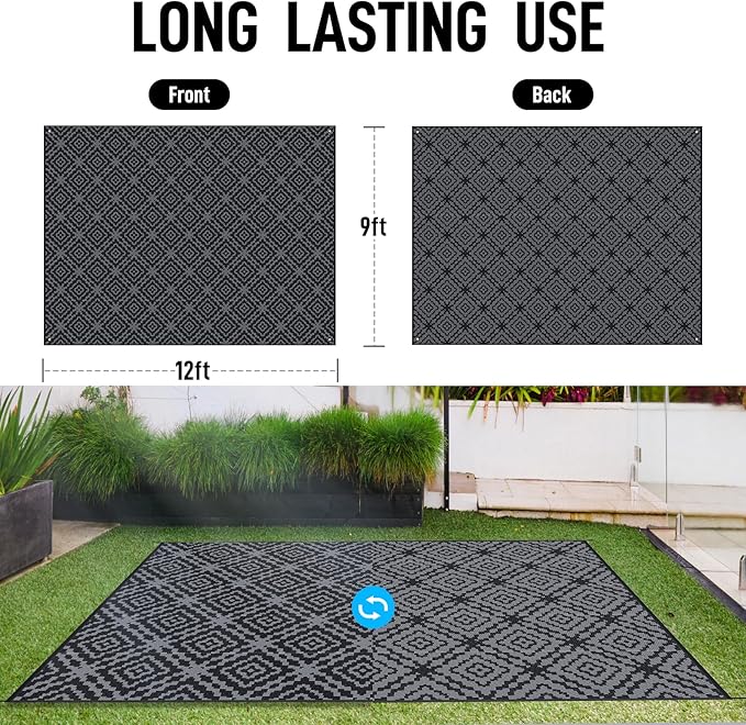 GOTGELIF Outdoor Camping Rug Waterproof 9x12FT, Large Reversible Stain&UV Resistant Plastic Straw RV Rug for Outside Patio Pool Deck Beach Indoor, Area Carpet Mat with Portable Bag&4 Stakes-Black Grey