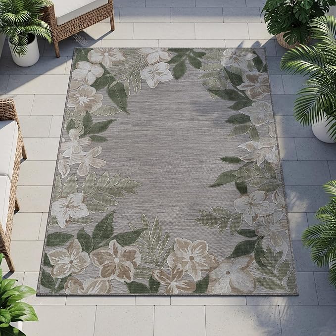 Outdoor Rug 6x9 Washable Area Rugs Indoor Outdoor Carpets Green Border Floral Non Shedding Waterproof Easy Clean Patio Deck Porch Living Room Bedroom Garden RV (6 X 9 Green)