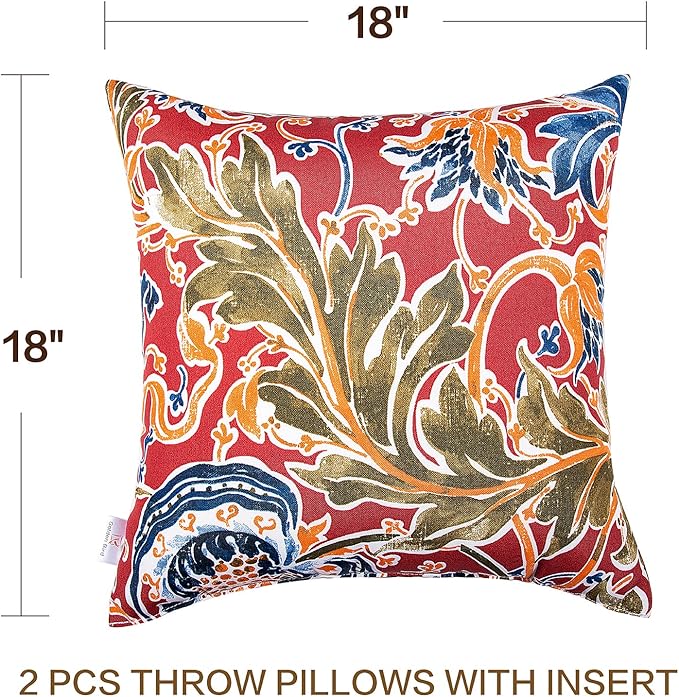 JMGBird Water-Resistant Outdoor Pillows Set of 2, 18x18 inch Durable Red with Pomegranate Flower Pattern Throw Pillows with Inserts for Patio Furniture